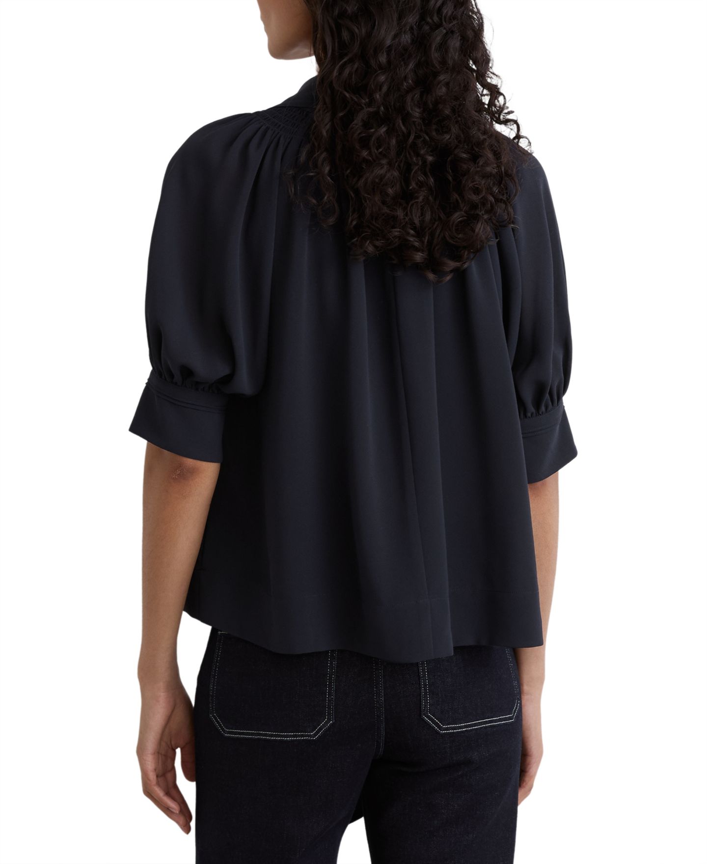 Женская блузка REISS Lerina Tie-Neck Short-Puff Sleeve Crepe Georgette, цвет: Тёмно-синий — фото 3