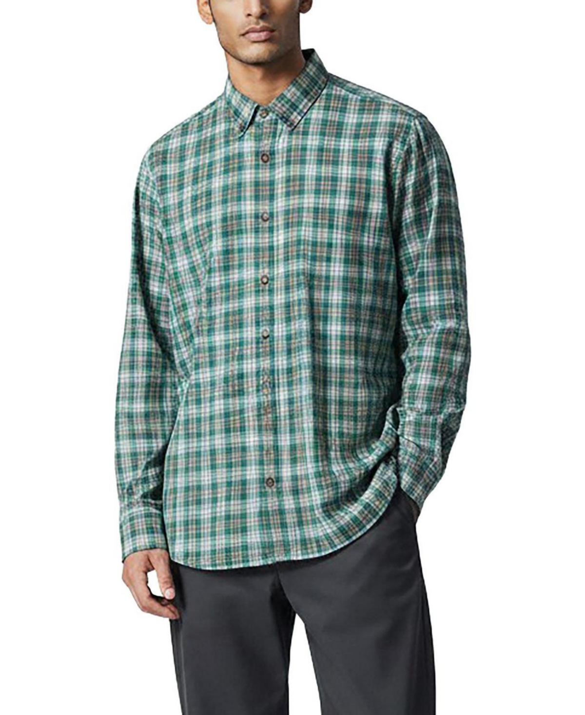Hope & Henry Men's Organic Long Sleeve Stretch Poplin Button Down Shirt - Green classic plaid
