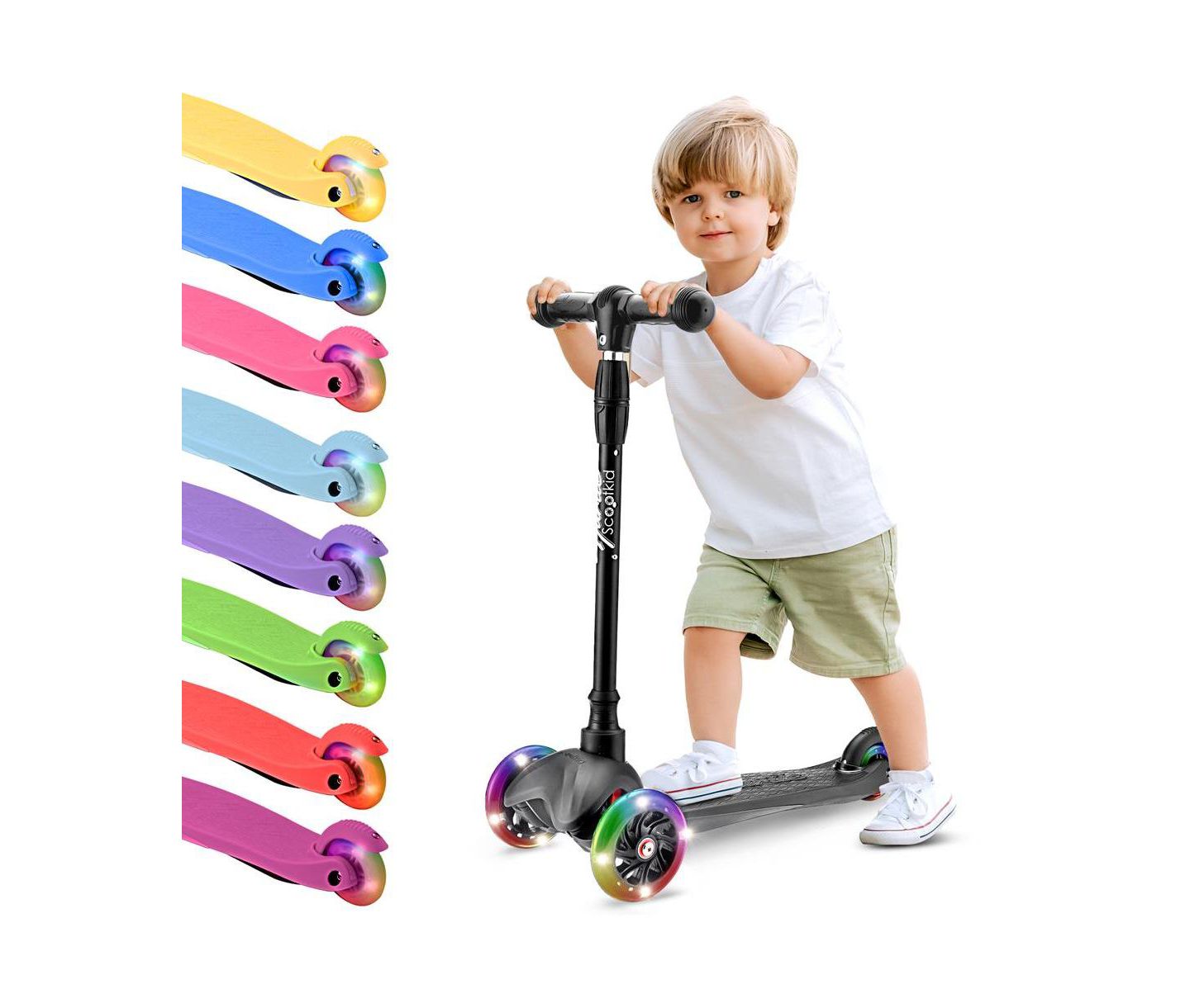 Детская игрушка Hurtle Mini Kick Scooter for Kids - 3-Wheel Trike Style with LED Wheels, Adjustable Handlebar, цвет: Чёрный — фото 1
