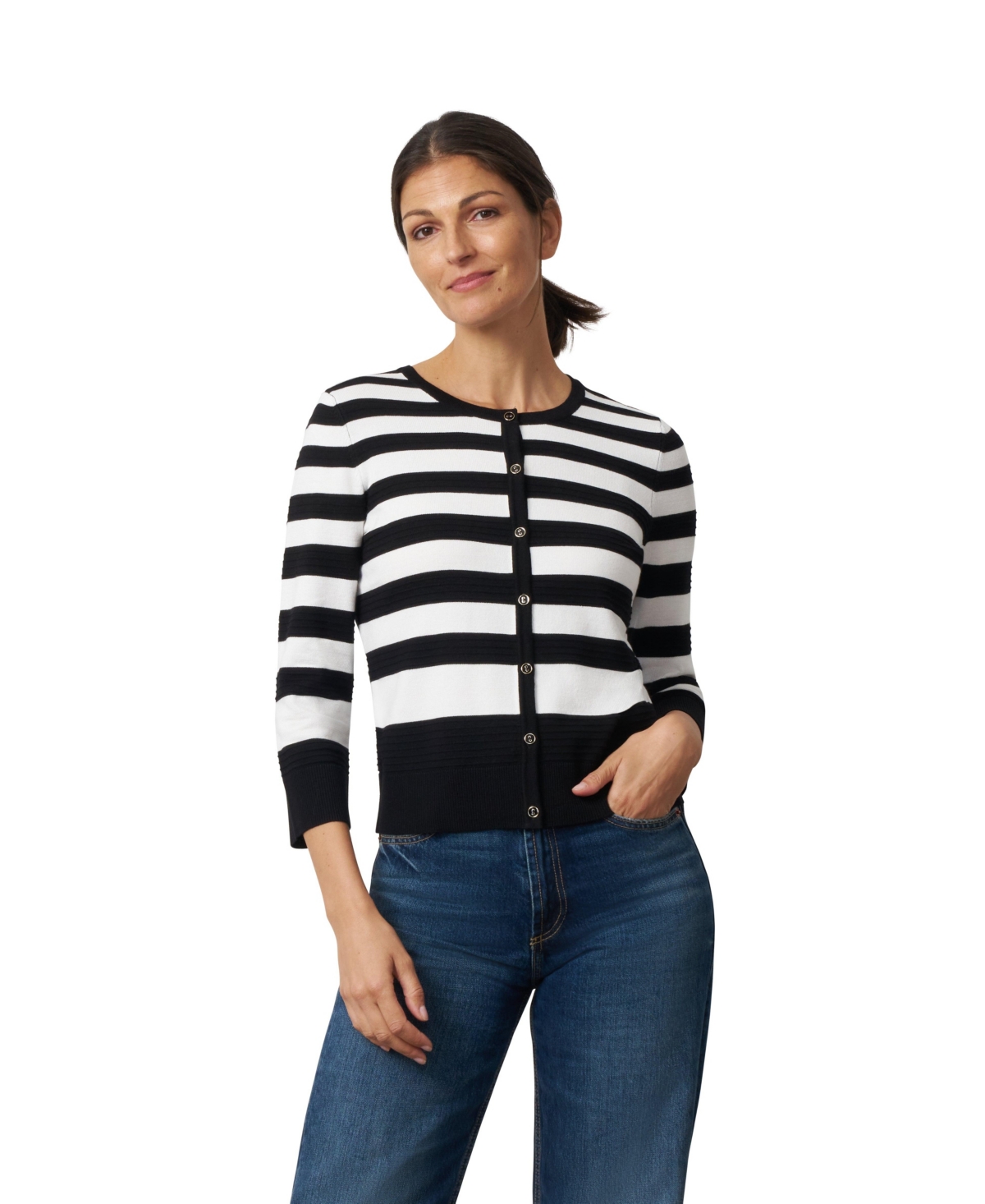 Cable & Gauge Women's Textured Variegated Stripe Crewneck Cardigan - Jet black with snow white