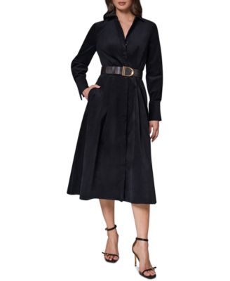 Women's Corduroy Long-Sleeve Belted Midi Shirtdress