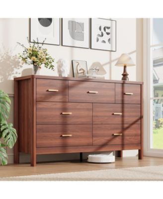 7 Drawer Dresser for Bedroom, 53.15" Wide Farmhouse Chest of Drawers with Cylindrical Legs, Quiet Ball-Bearing Slides and Anti-Tip