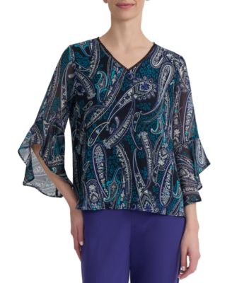 Women’s Printed V-Neck Ruffle-Sleeve Blouse
