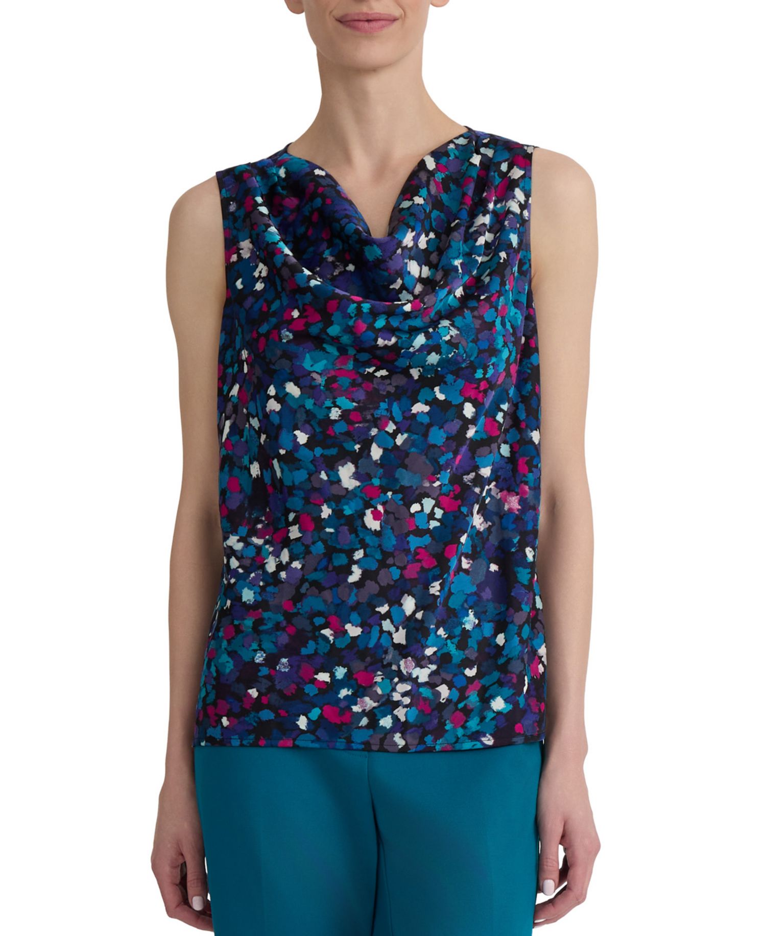 Women's Printed Pleated Cowlneck Sleeveless Top