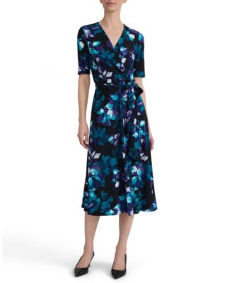 Women's Elbow-Sleeve Wrap-Front Fit & Flare Dress