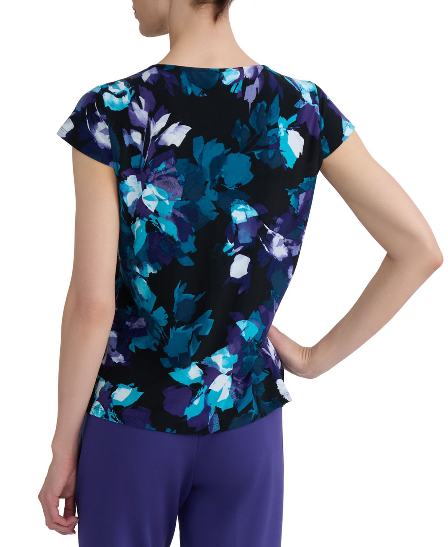Women's Printed Cowl-Neck Cap-Sleeve Blouse