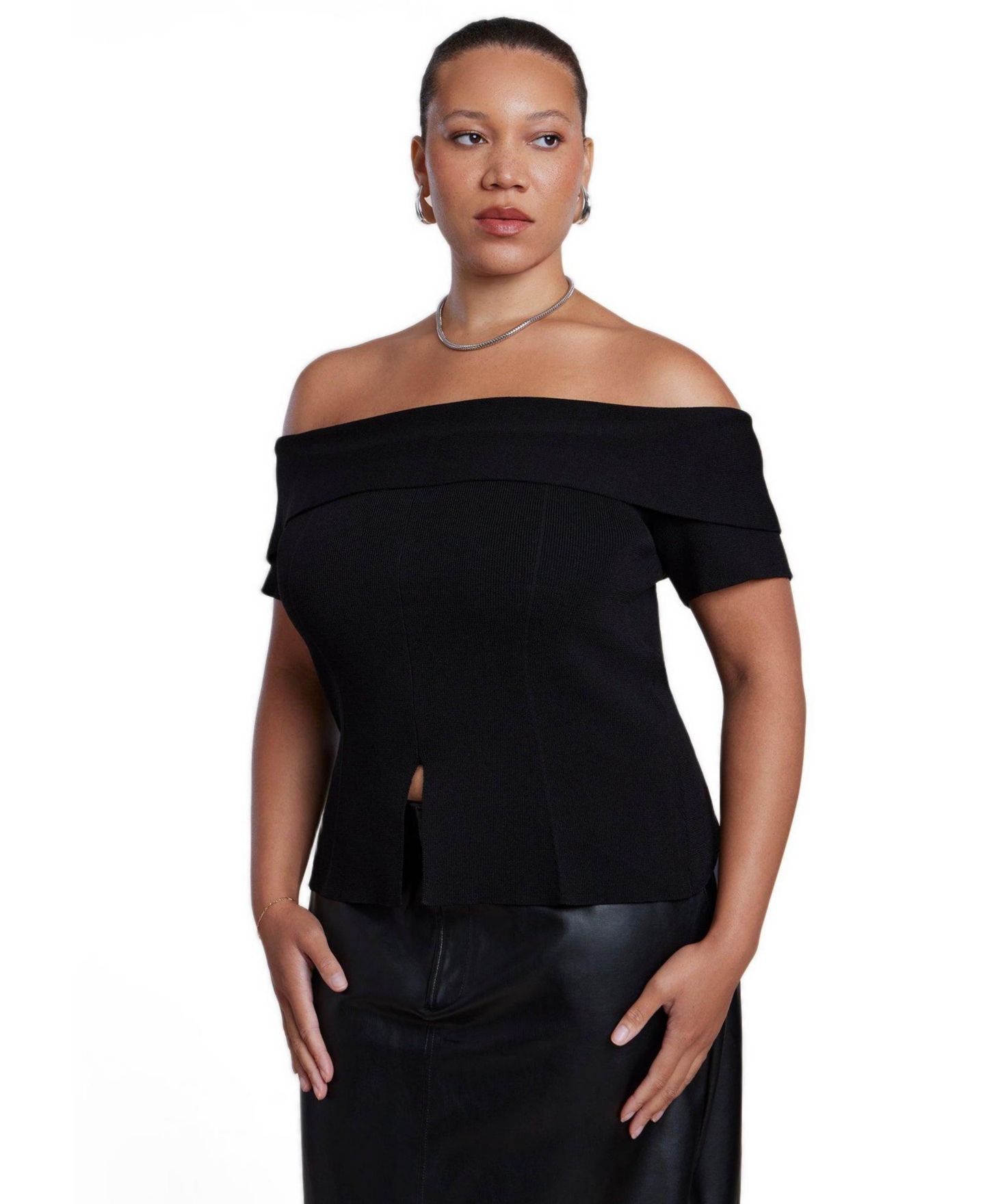 Женский свитер ELOQUII Plus Size Off-the-Shoulder Short-Sleeve, цвет: Чёрный оникс — фото 1