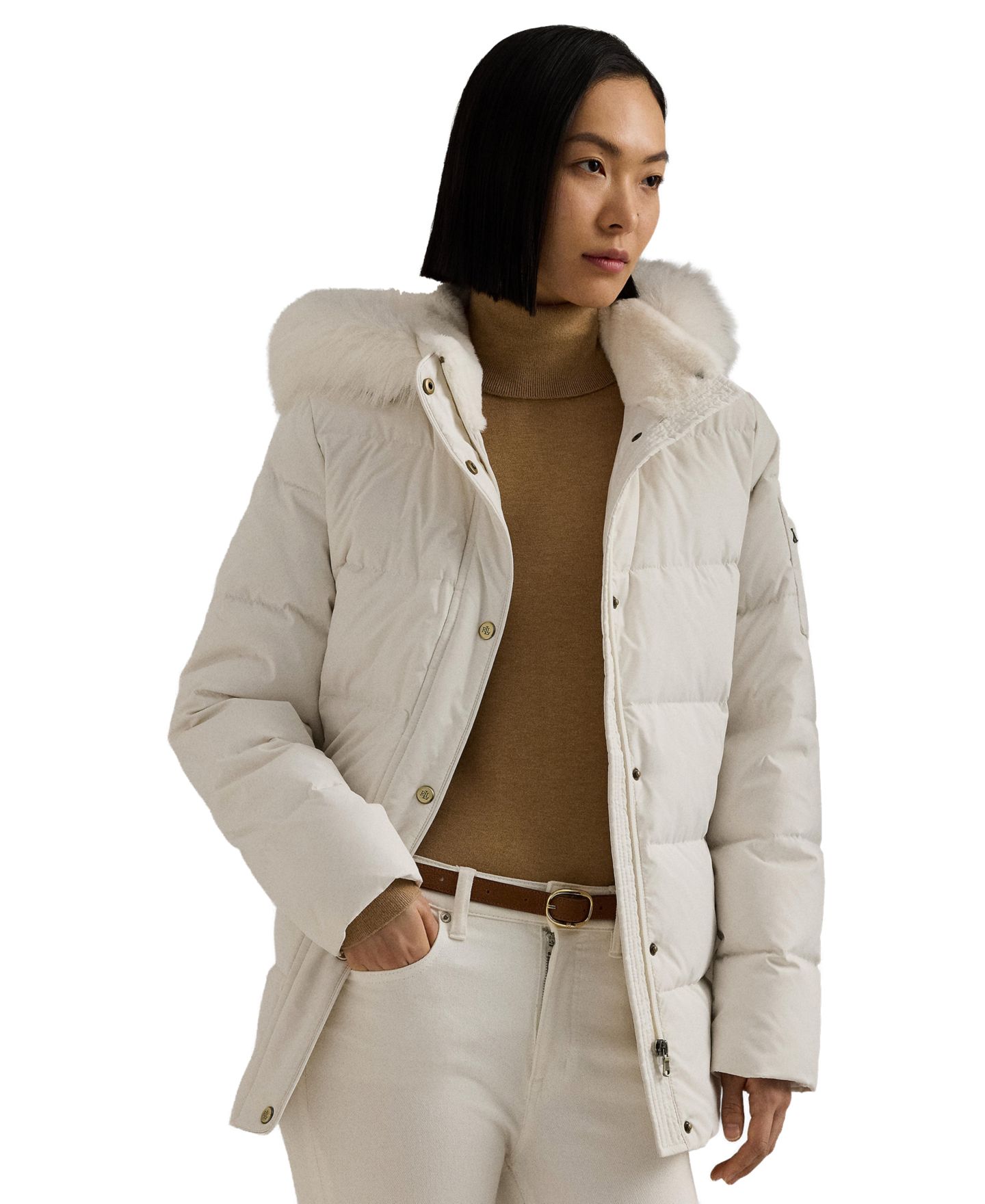 Женская куртка Lauren Ralph Lauren Petite Faux-Fur Hooded Puffer, цвет: Кремовый — фото 1