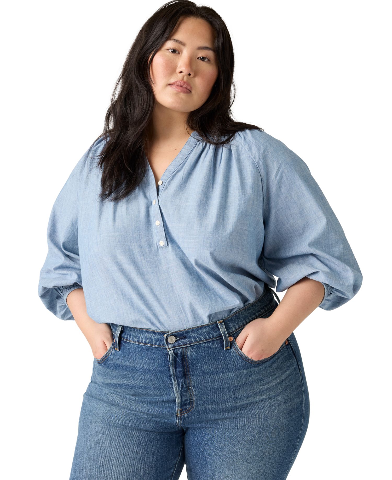 Plus Size V-Neck Chambray Relaxed-Fit Reverie Cotton Top