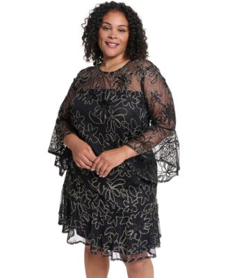 plus size black dress with bell sleeves Jessica Howard Bell-Sleeve Floral Black lace