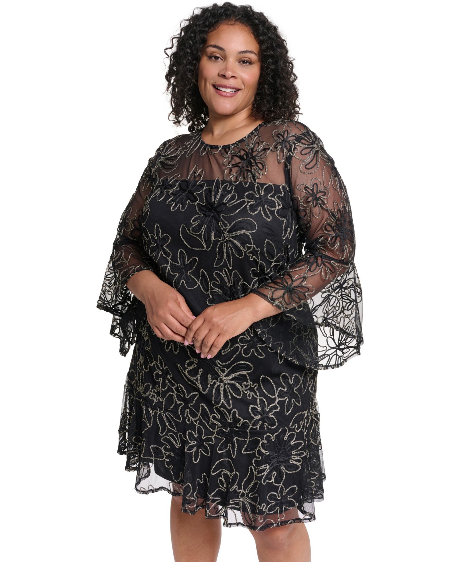 Petite A-Line Bell-Sleeve Floral-Print Dress