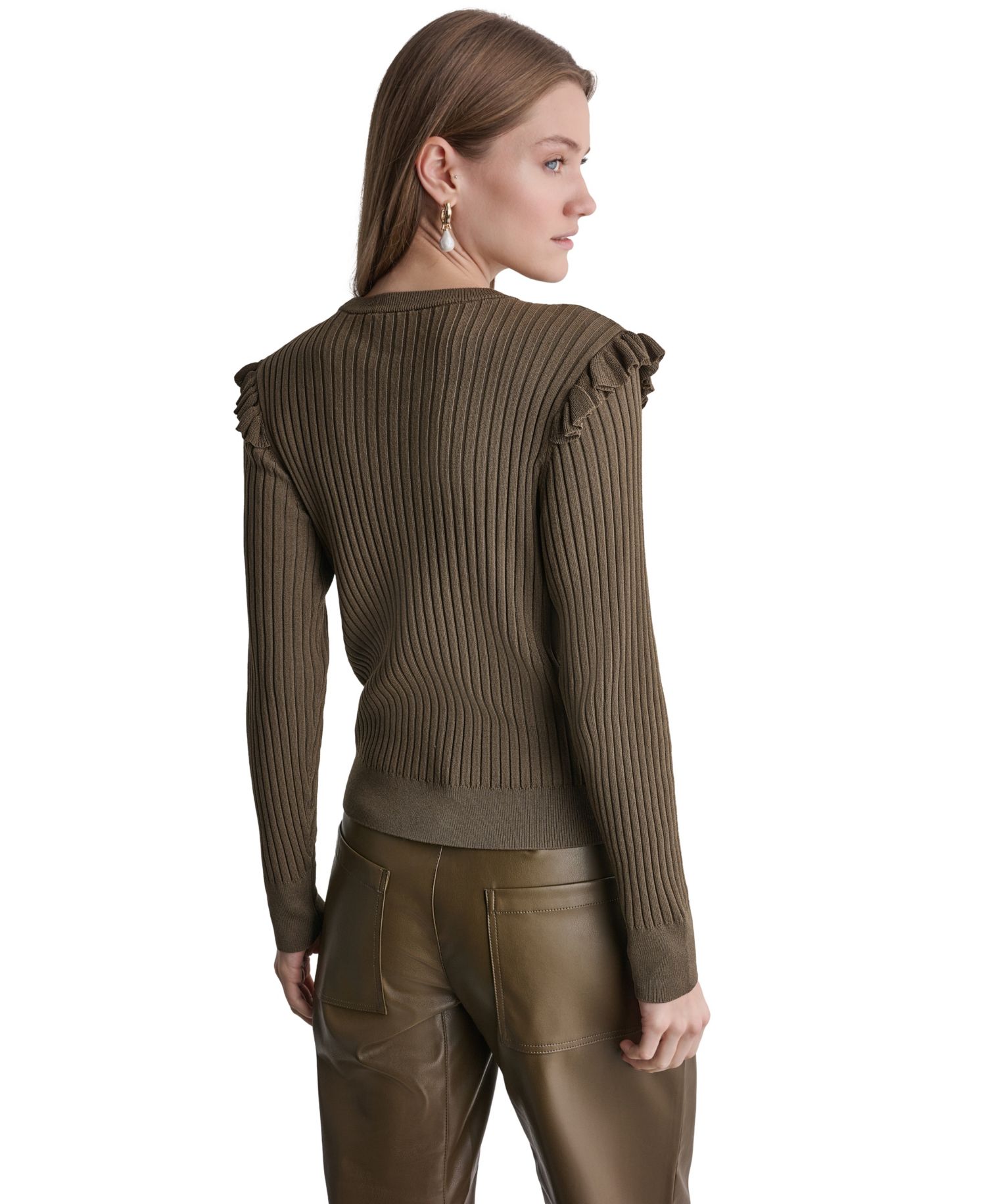 Women's Ruffle-Trim Ribbed-Knit Long-Sleeve Crewneck Sweater