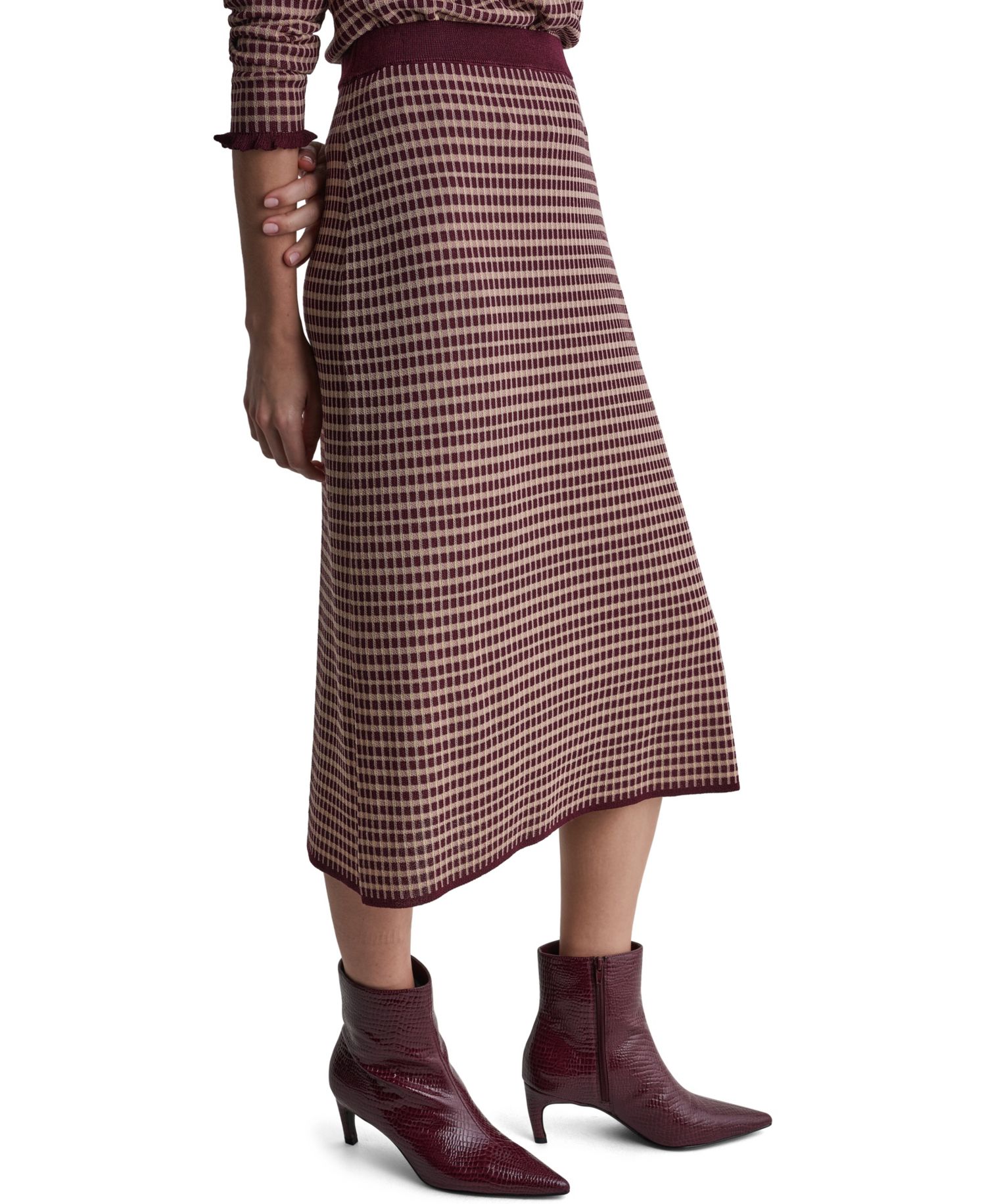 Women's High-Waisted Plaid Knit Midi Skirt