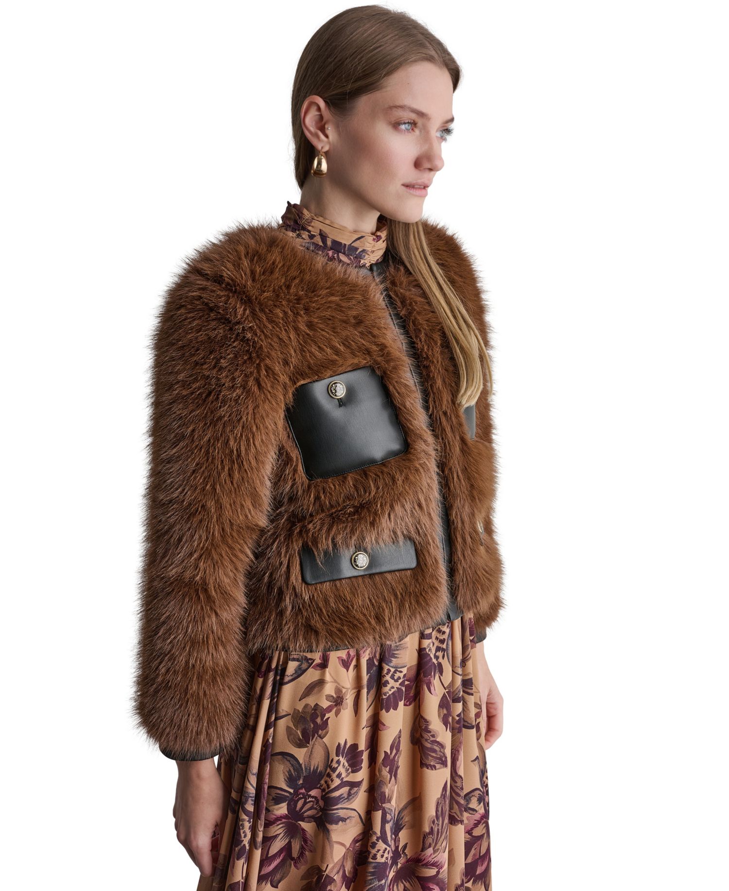 Women's Cropped Faux Fur Jacket with Faux Leather Trim
