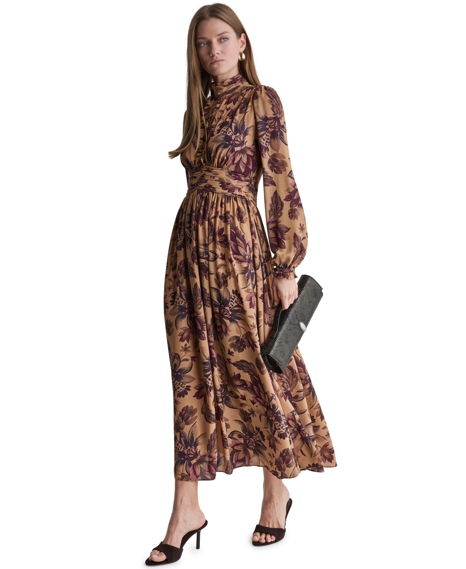 Women's Long Sleeve Floral-Print High-Neck Maxi Dress