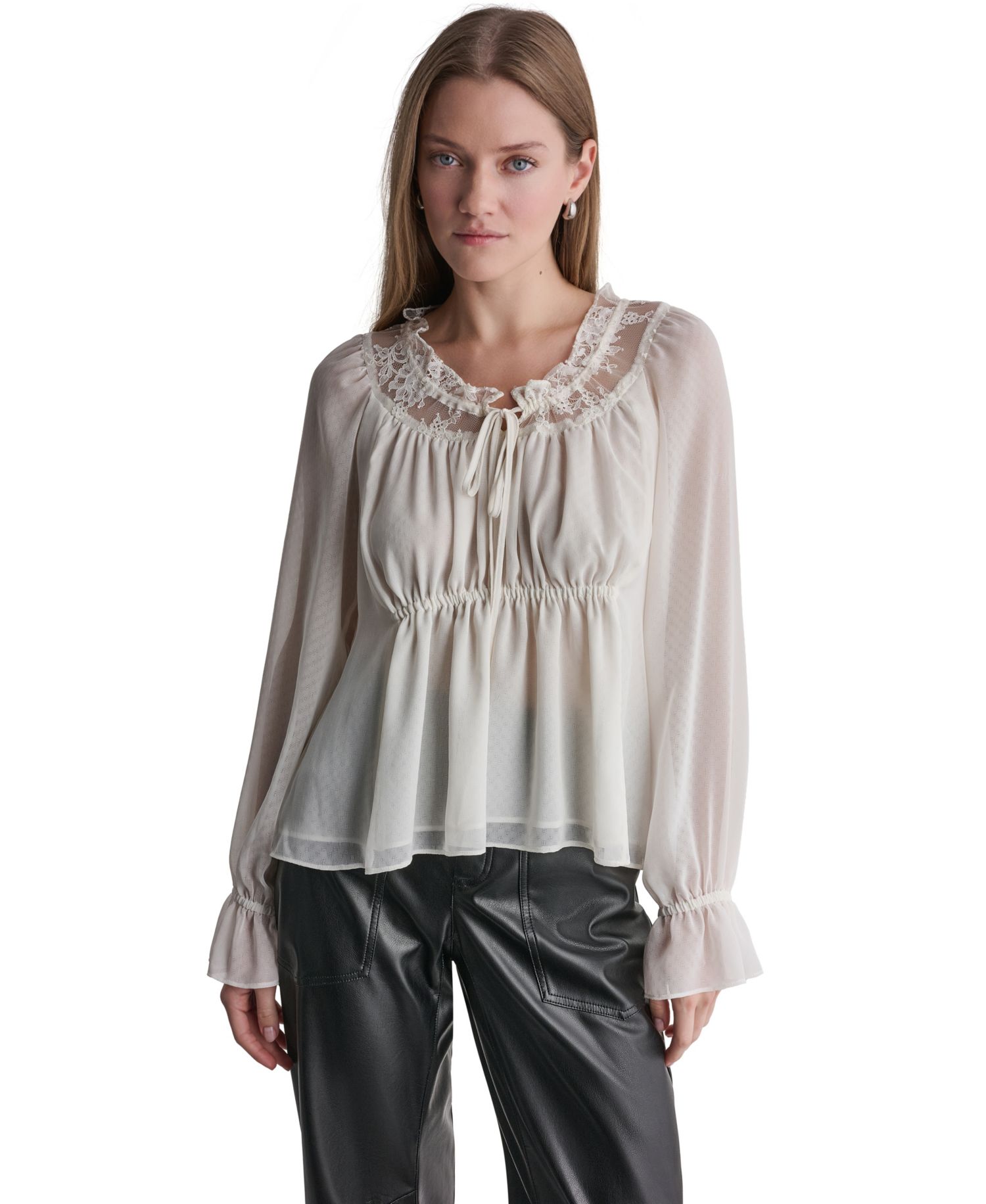 Women's Scoop Neckline Lace-Trim Long-Sleeve Blouse