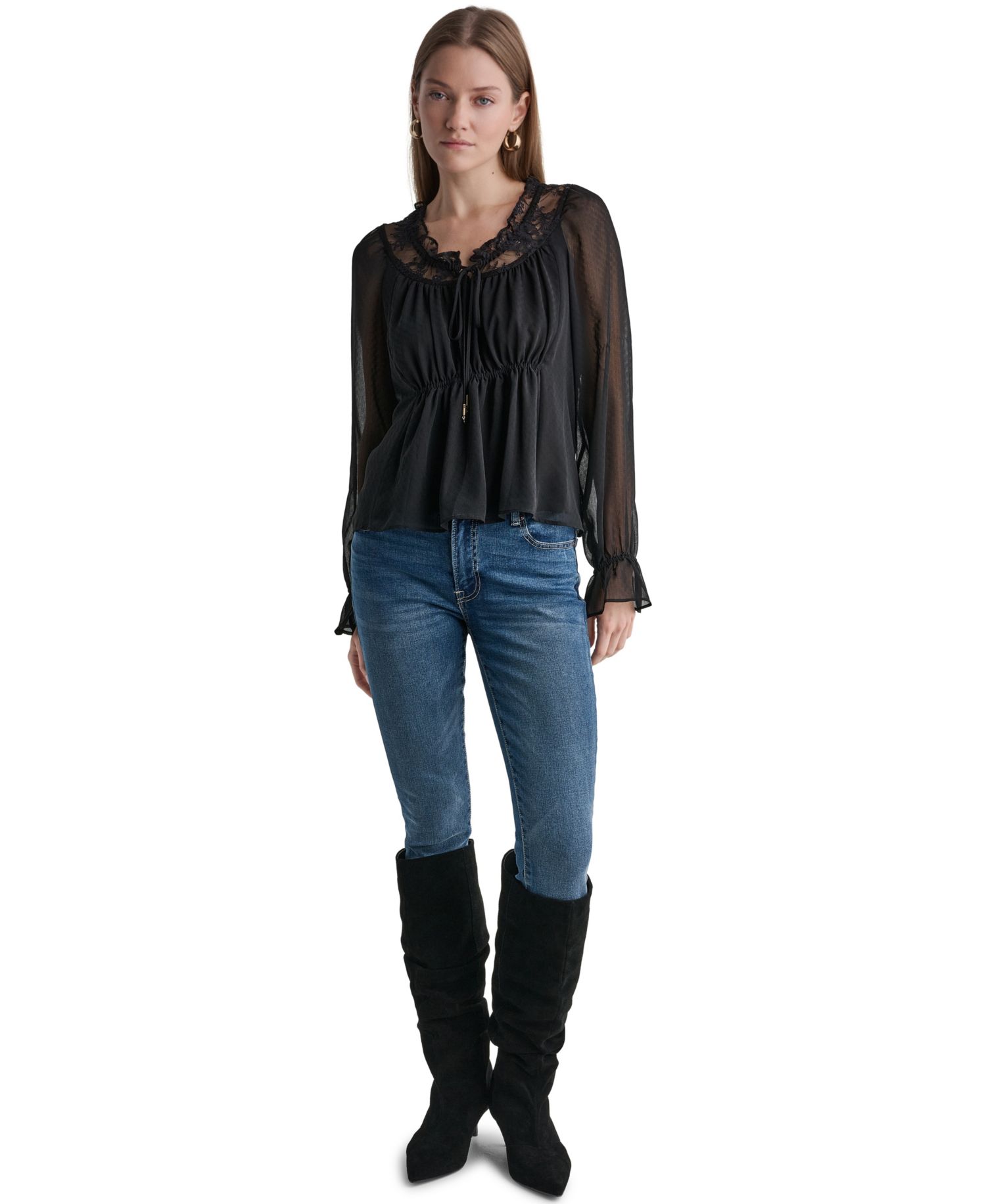 Women's Scoop Neckline Lace-Trim Long-Sleeve Blouse