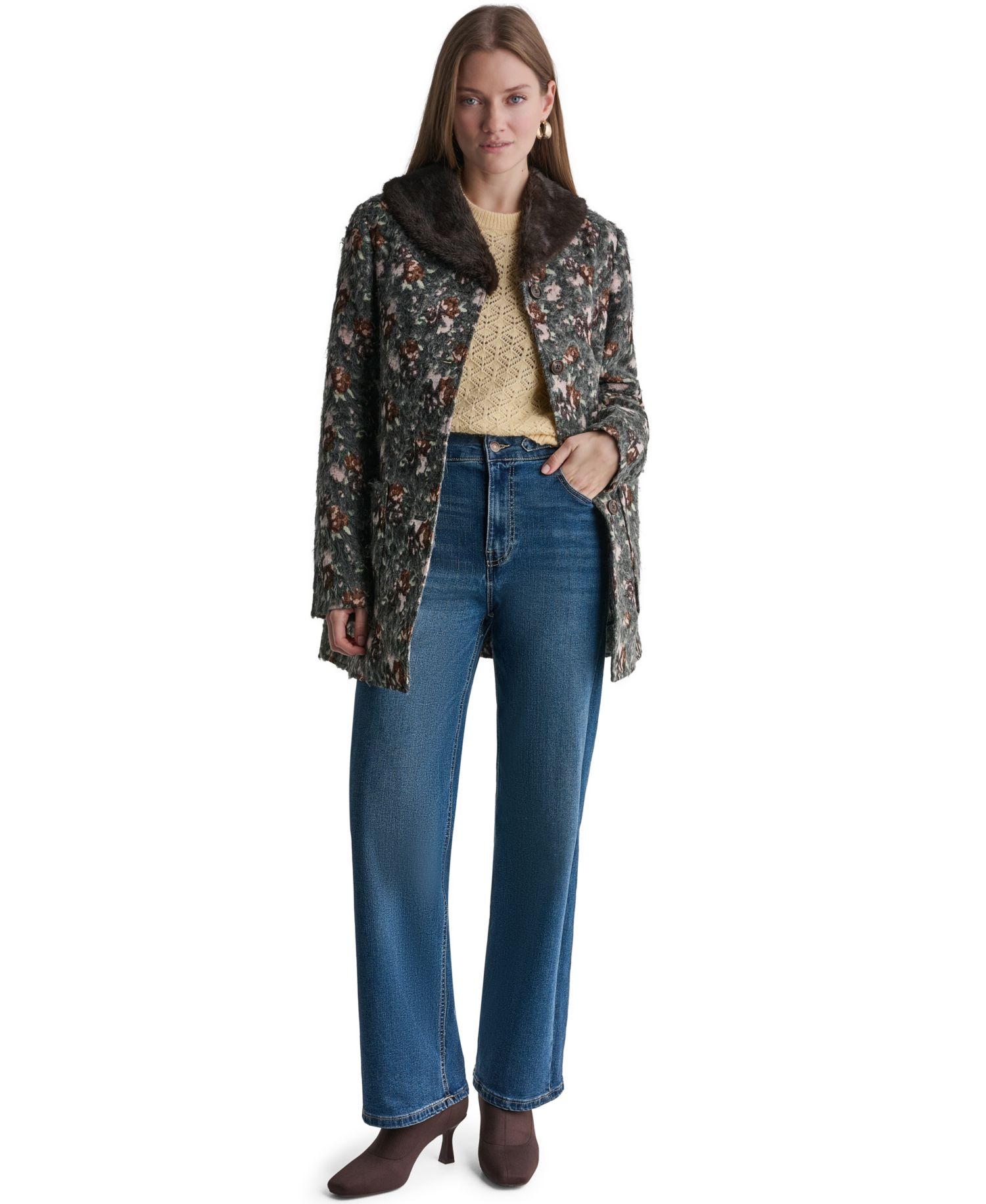 Women's Long-Sleeve Floral Faux-Fur Coat
