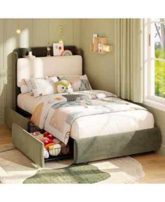 Upholstered Bed Frame with Shelf and Drawers, Chenille Platform Bed with Built-in Headboard Shelf for Phone and Books, Easy Assembly