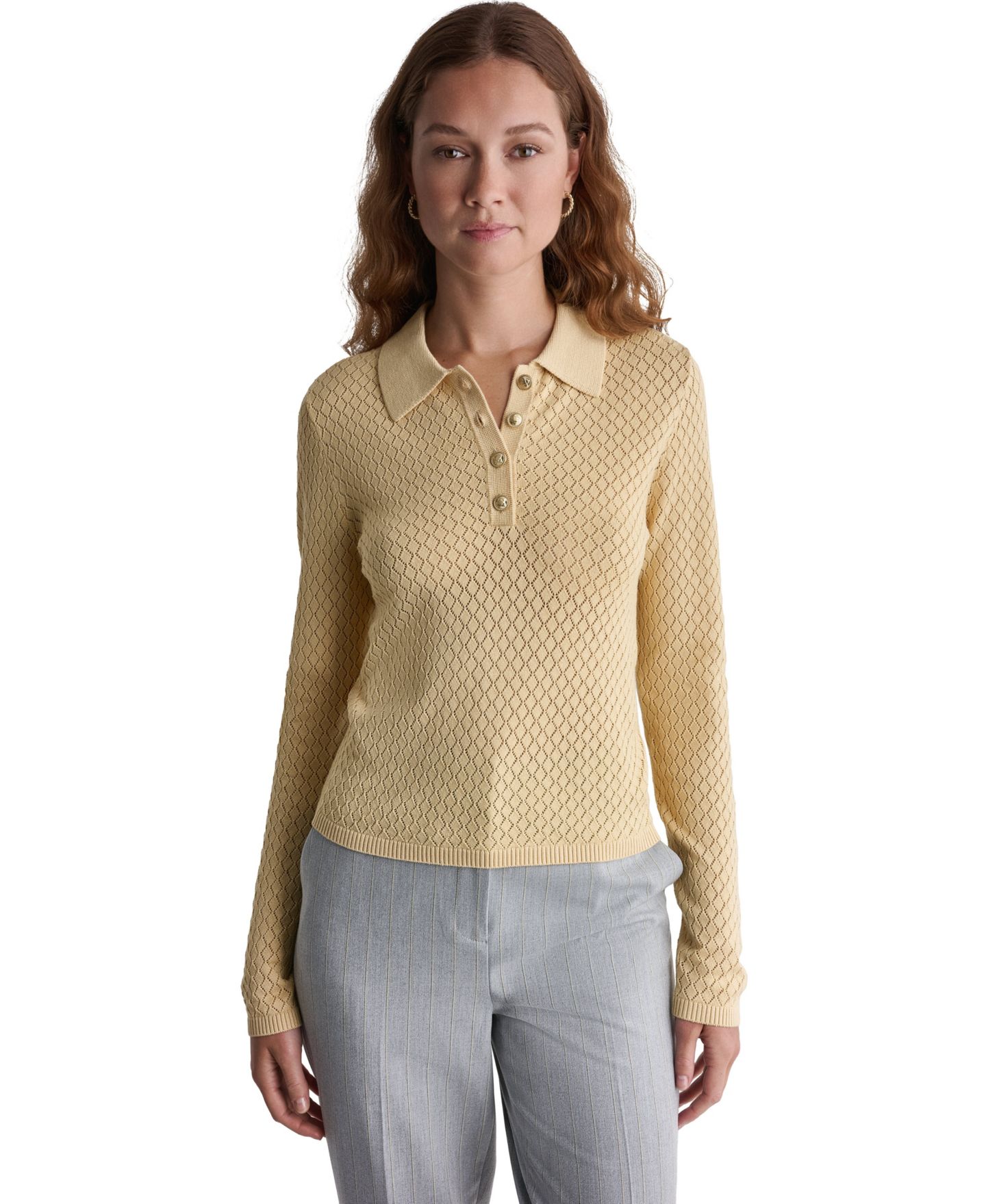 Женское поло BCBG Long-Sleeve Knit Polo, цвет: Honeylit — фото 1
