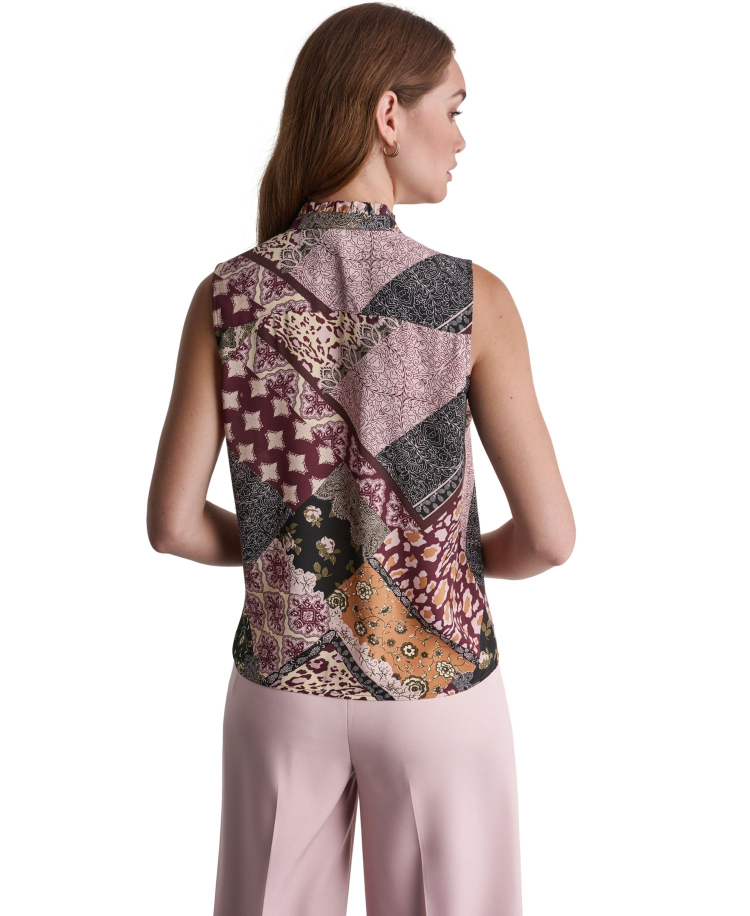 Women's Ruffle Mixed Print Button-Front Blouse