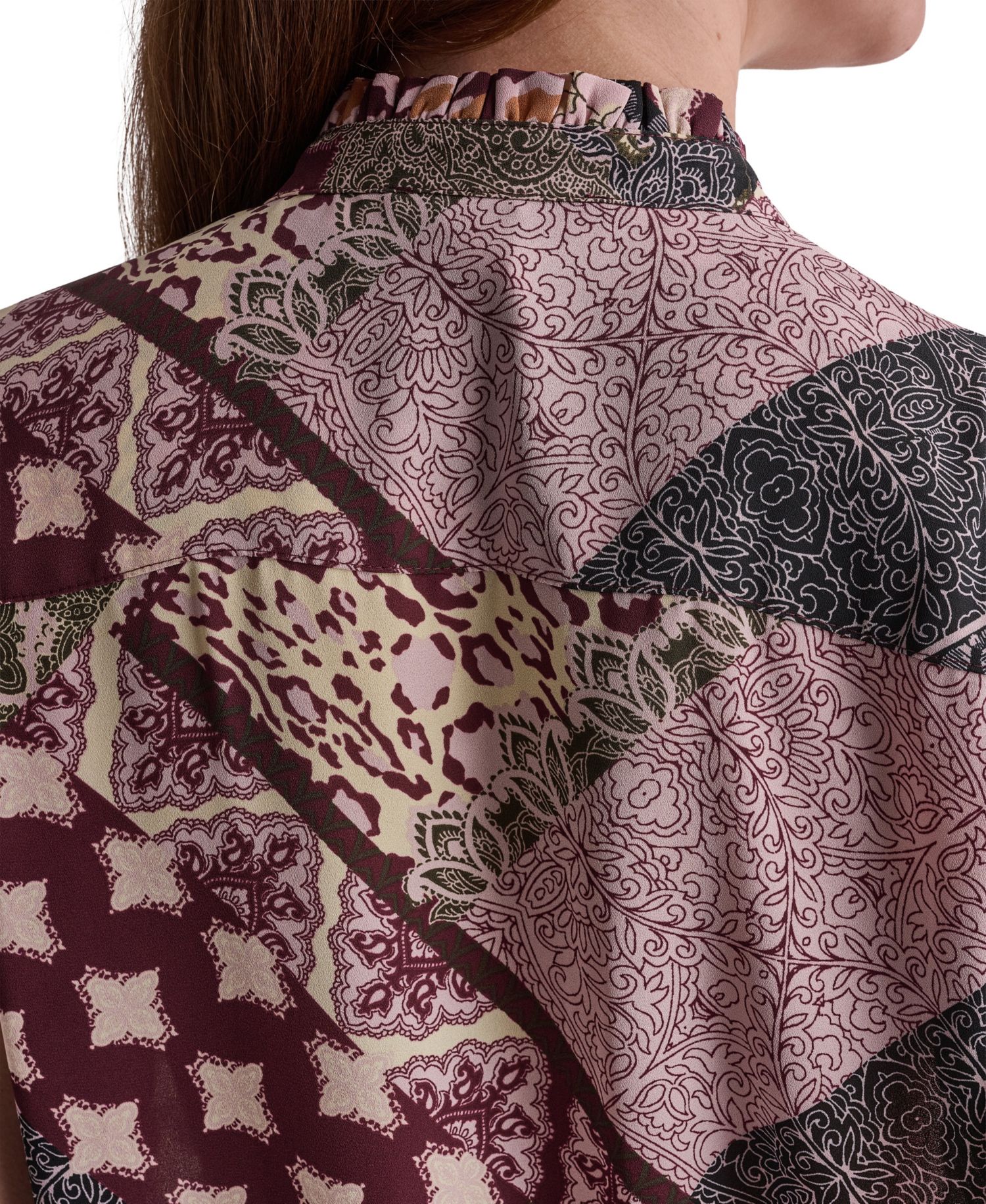 Women's Ruffle Mixed Print Button-Front Blouse
