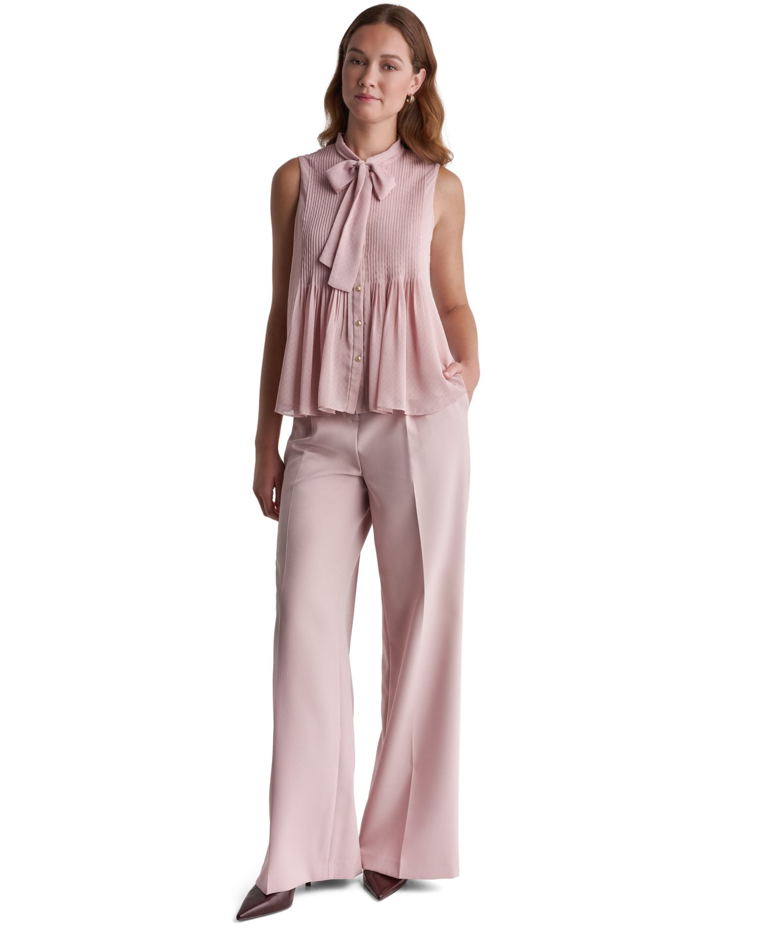Women's Sleeveless Tie-Neck Pleated Blouse