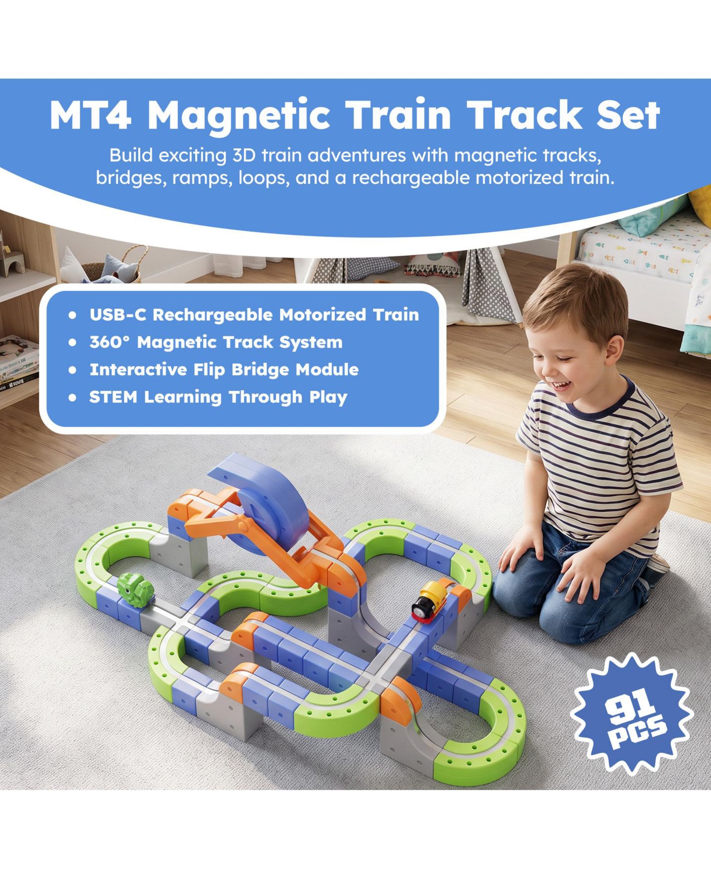 Детский конструктор Contixo MT4 Motorized Rechargeable Magnetic Track 91-Piece Building Set, Ages 3+ — фото 9