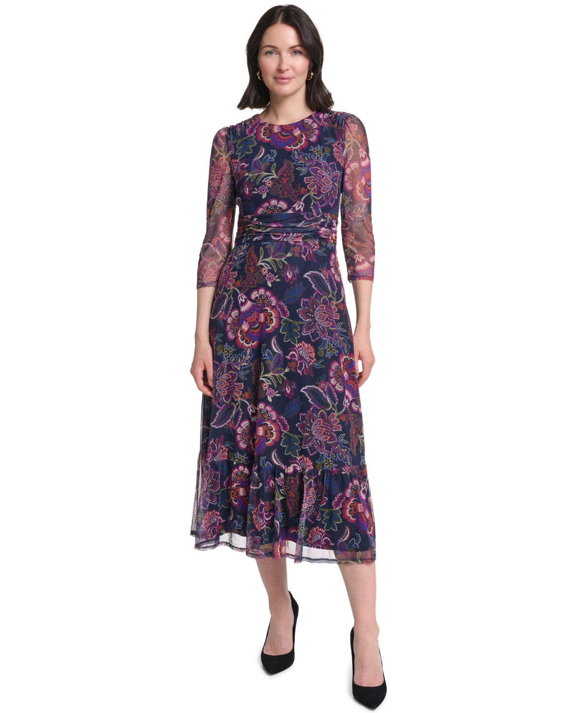 Jessica Howard Petite Floral-Print A-Line 3/4-Sleeve Midi Dress