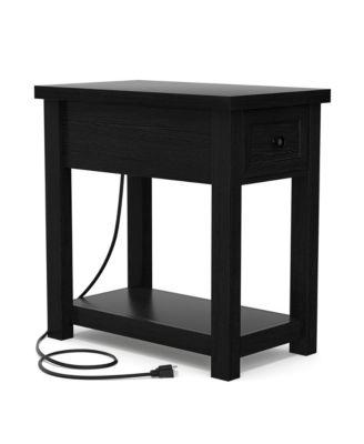 Wooden Farmhouse End Table with Charging Station and Drawer and Shelf