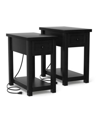 Set of 2 14" Wooden Nightstands with Charging Station and Drawer