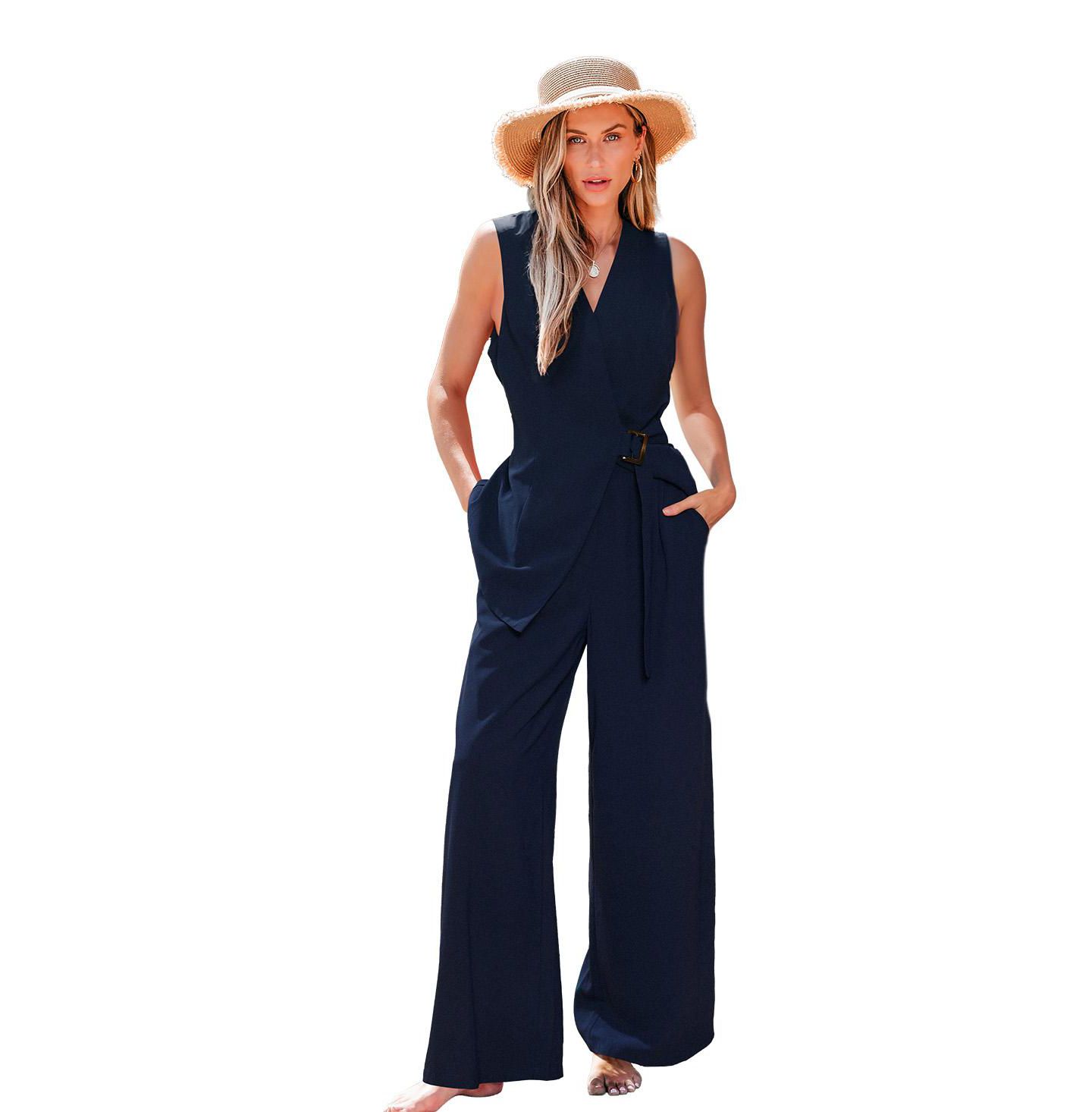 Женский комплект Cupshe Wrap Belted Wide Leg Pants Set, цвет: Средний синий — фото 1