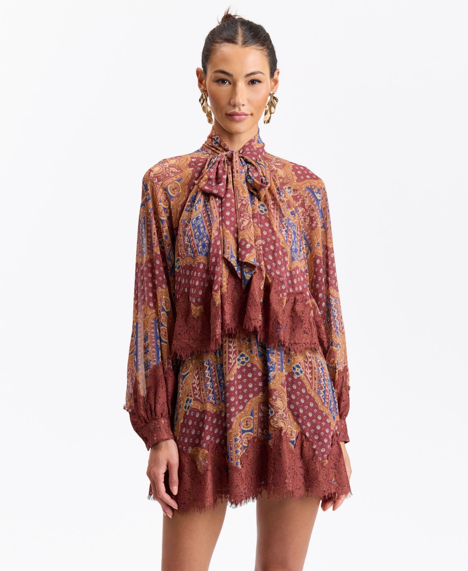 Women's Tie-Neck Long-Sleeve Tiered Mini Dress