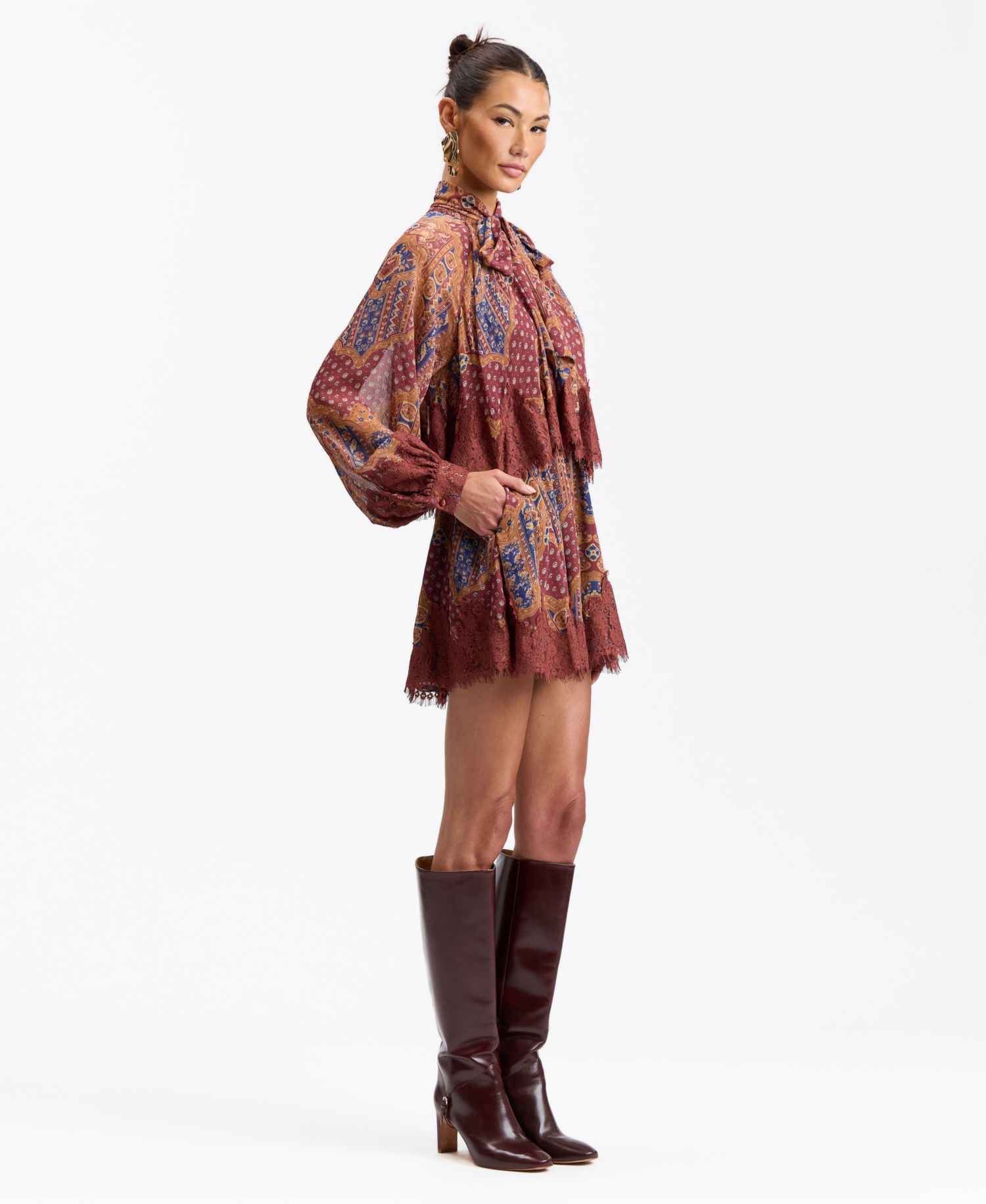 Women's Tie-Neck Long-Sleeve Tiered Mini Dress