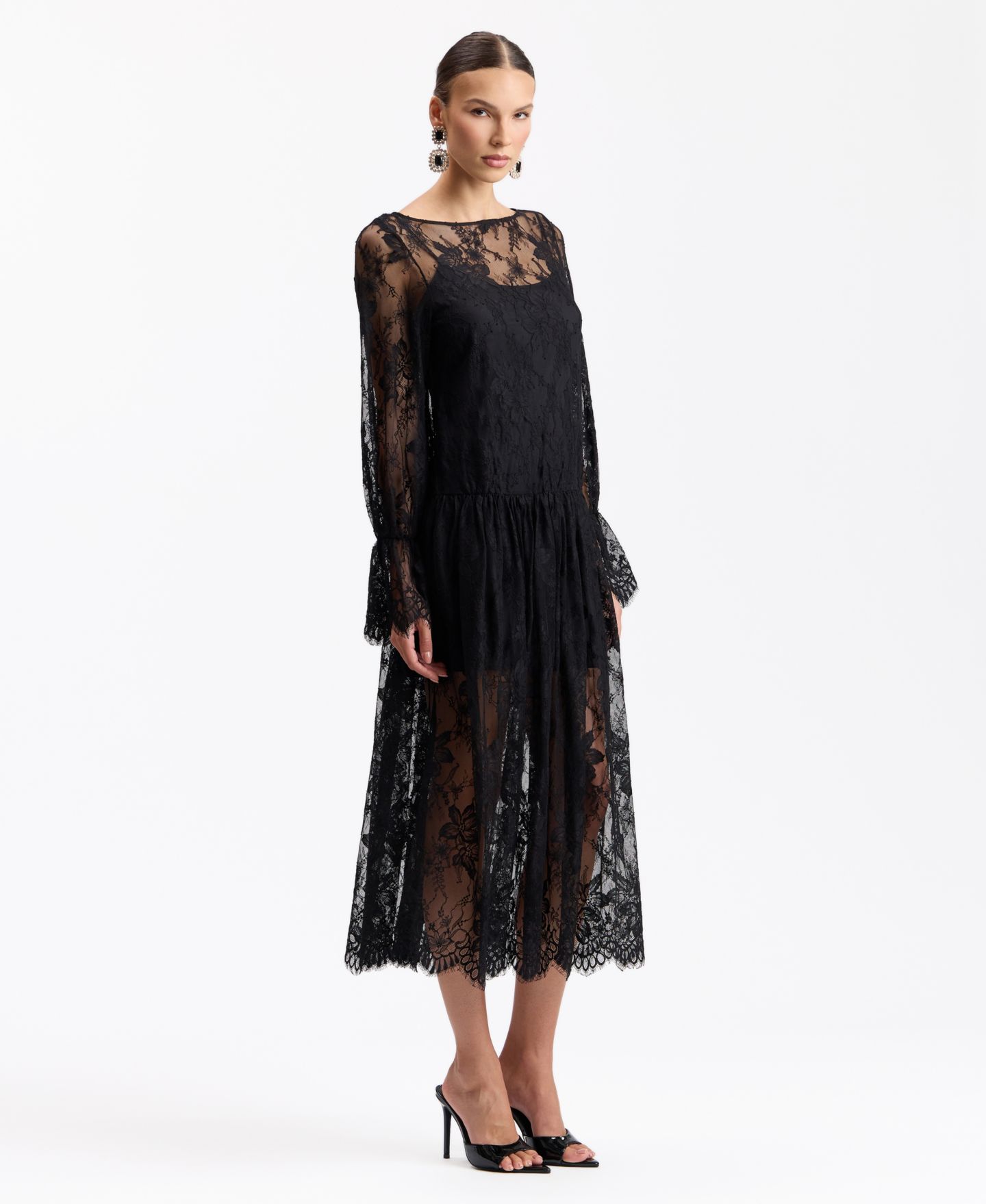 Женское платье Avec Les Filles Floral Drop-Waist Lace Midi, цвет: Чёрный — фото 3