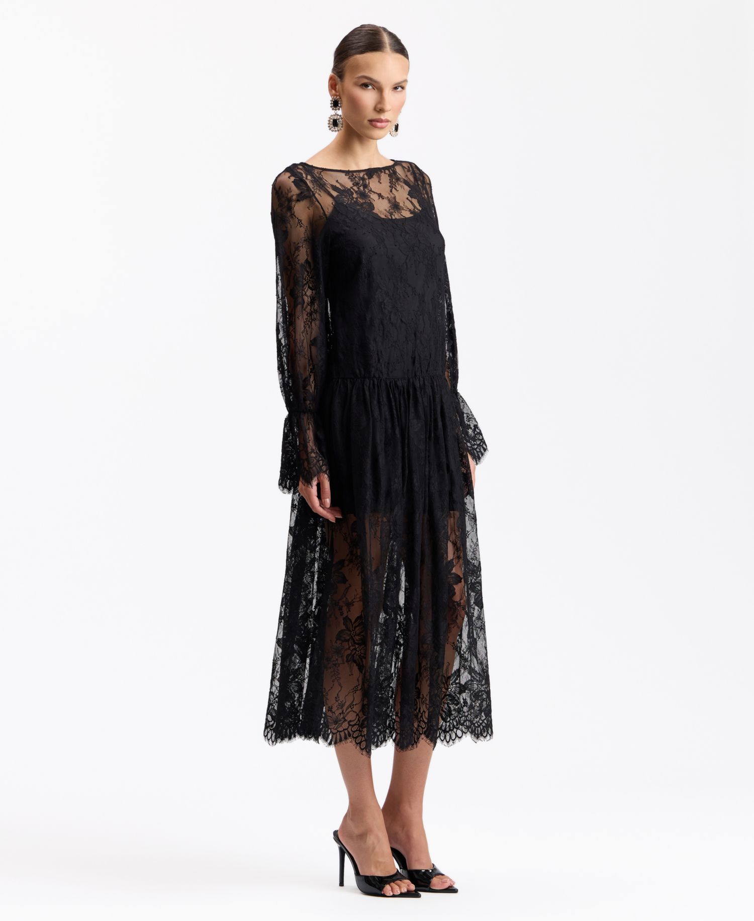 Women's Floral Drop-Waist Lace Midi Dress