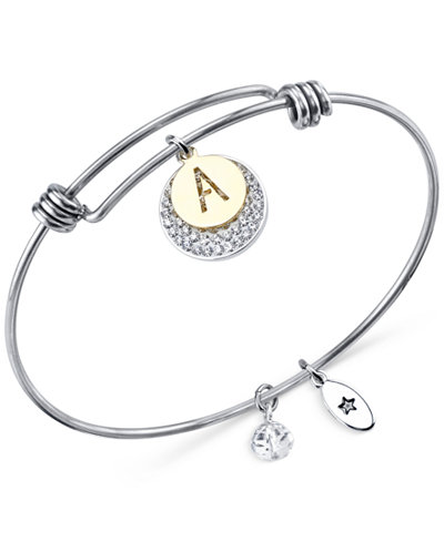 Unwritten Pavé and initial Disc Bangle Bracelet in Stainless Steel and Silver-Plate