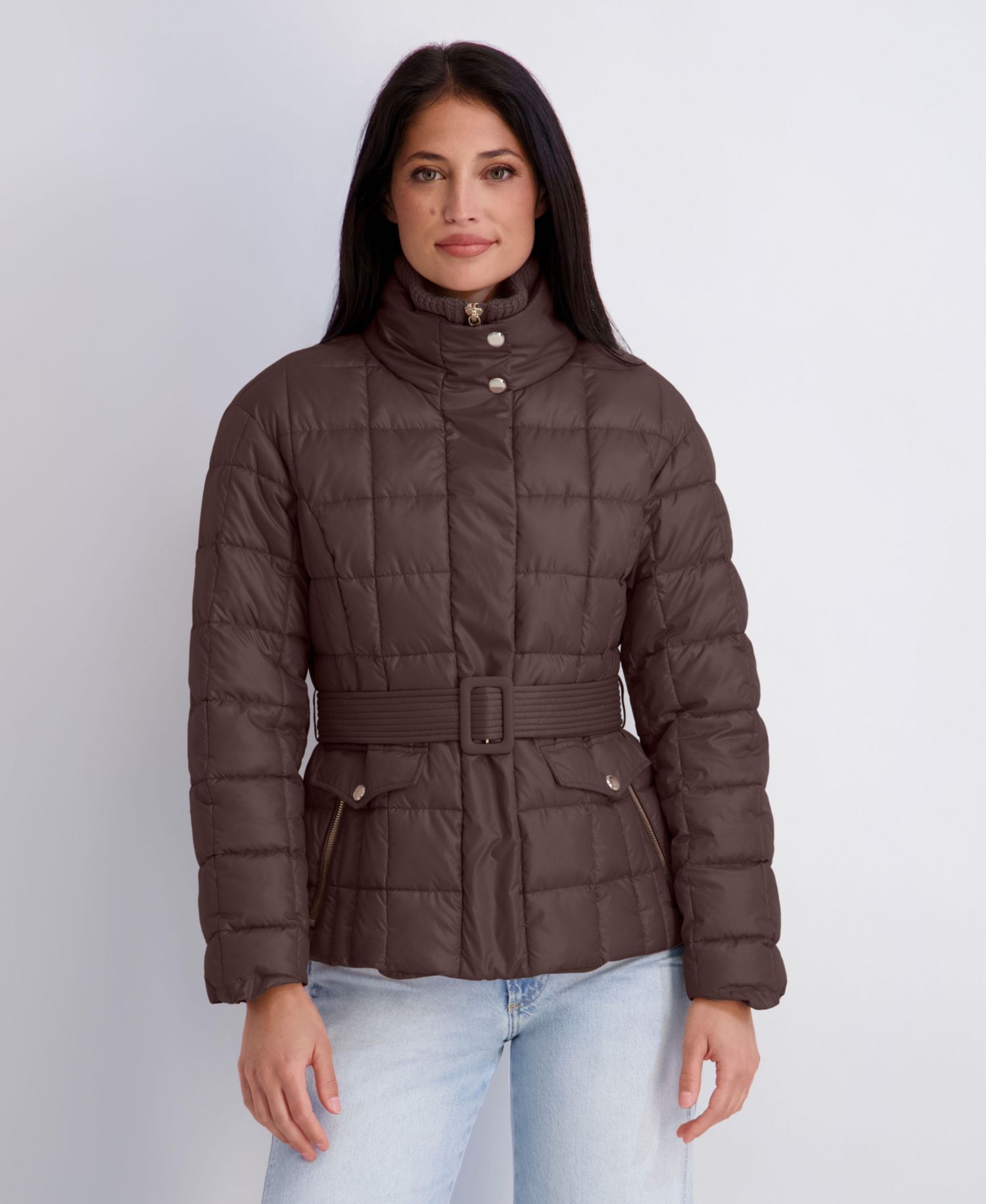 Women's Quilted Puffer Jacket With Self-Tie Waist And Funnel Neck