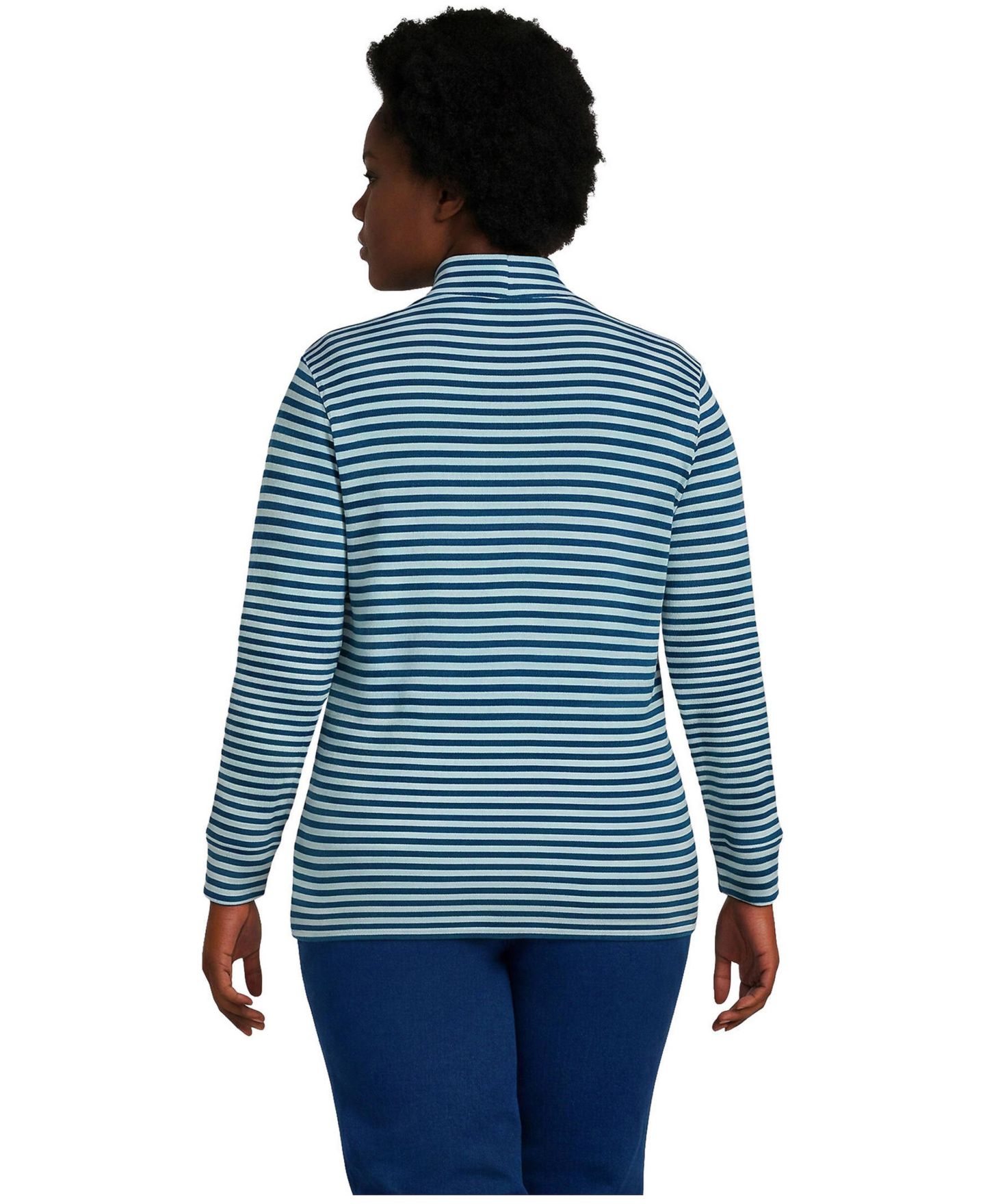 Женский топ Lands' End Plus Size Relaxed Cotton Long Sleeve Mock Turtleneck, цвет: Бирюзовый / Полосатый — фото 4
