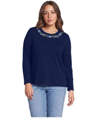 Plus Size Supima Cotton Long Sleeve Embroidered Crew Neck T-Shirt