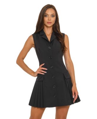 Juniors' Sleeveless Collared Dress with Pleated Skirt
