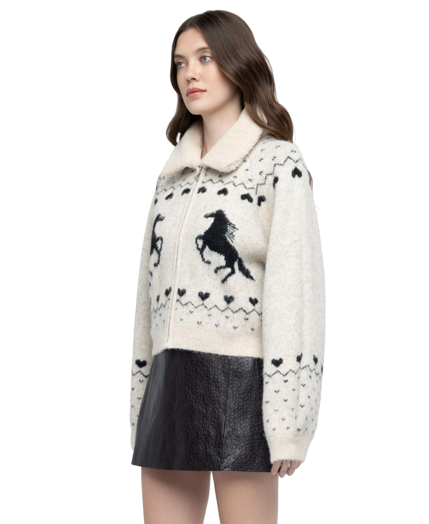 Женский кардиган Blank NYC Flying Solo Fair Isle Full-Zip Faux-Fur Collar, цвет: Кремовый комбинированный — фото 4