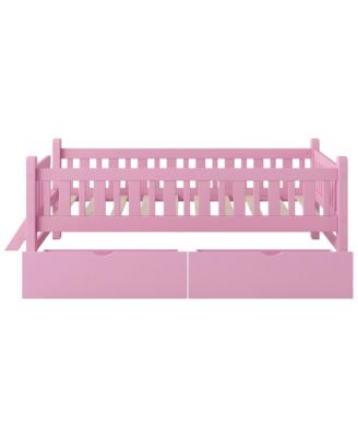 Twin Wood Bed Frame with Safety Guardrail and 2 Storage Drawers