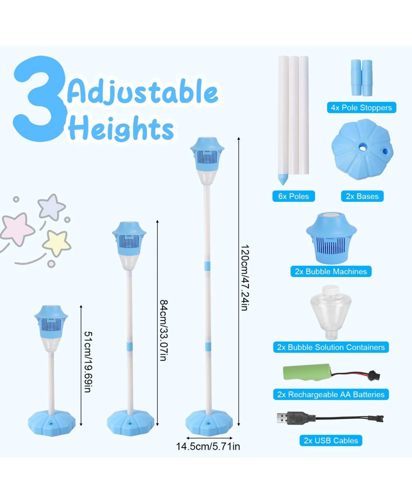 Детские игрушки ZENY 3-in-1 Rechargeable Standing Bubble Machine with Music and Lights, Adjustable Height, 2-Pack, Ages 3+, цвет: Синий — фото 10