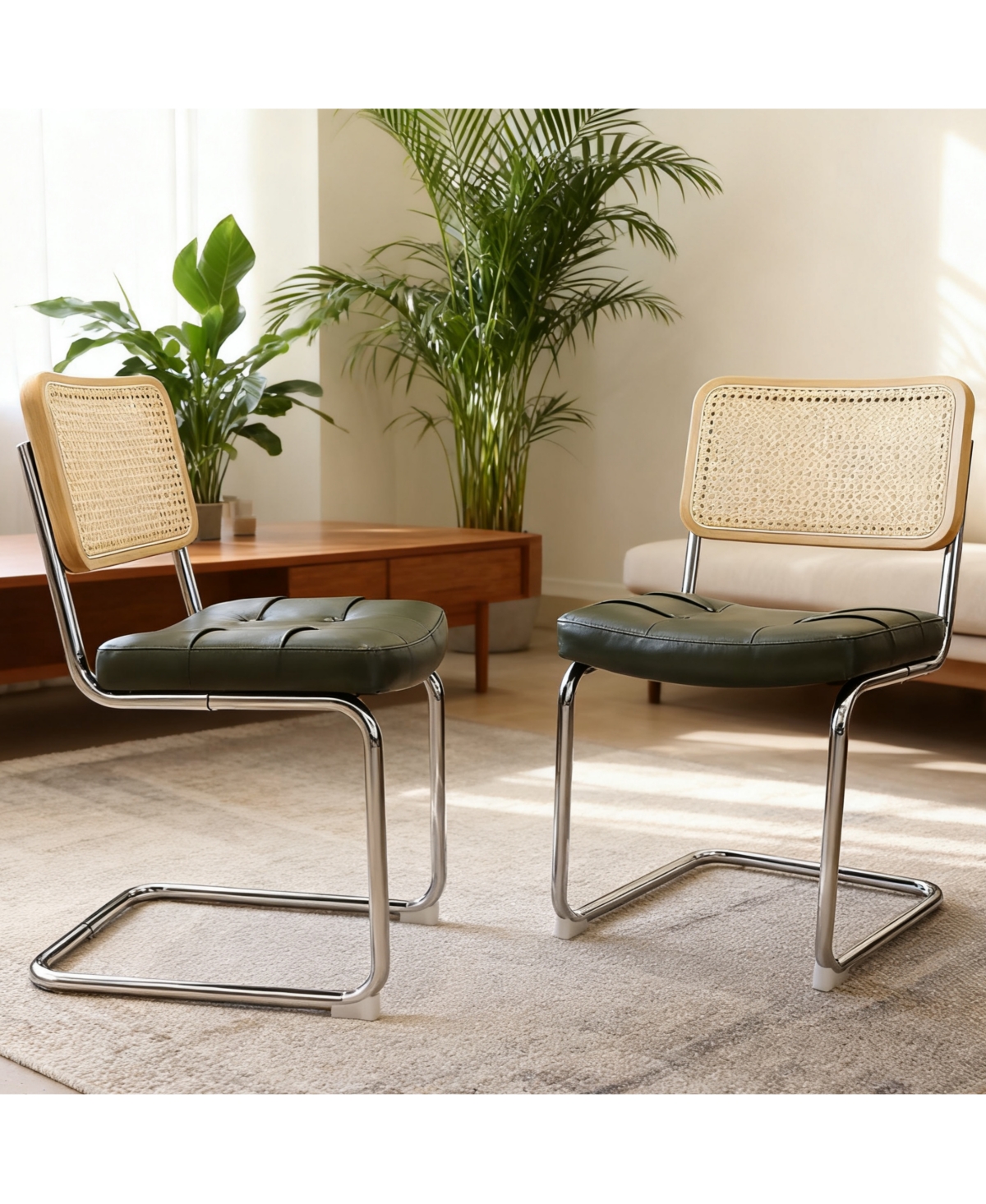 Flynama Set of 2 Faux Leather Rattan Cantilever Dining Chairs, Chrome Tubular Steel Breuer Frame Stackable Side Chairs