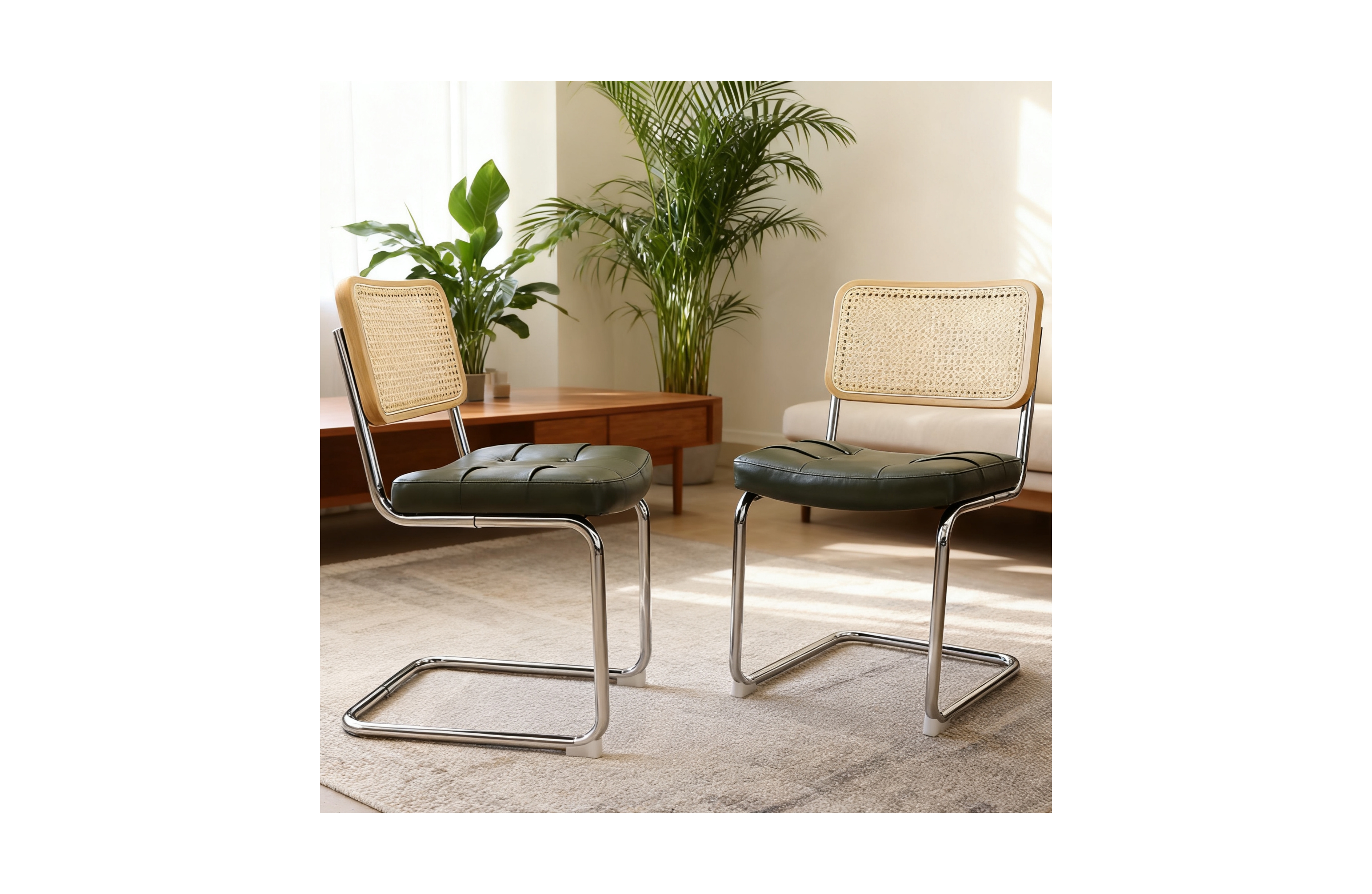 Flynama Set of 2 Faux Leather Rattan Cantilever Dining Chairs, Chrome Tubular Steel Breuer Frame Stackable Side Chairs