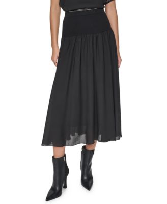 Women's Contrast Stitch Mixed-Media High-Waisted Midi Skirt