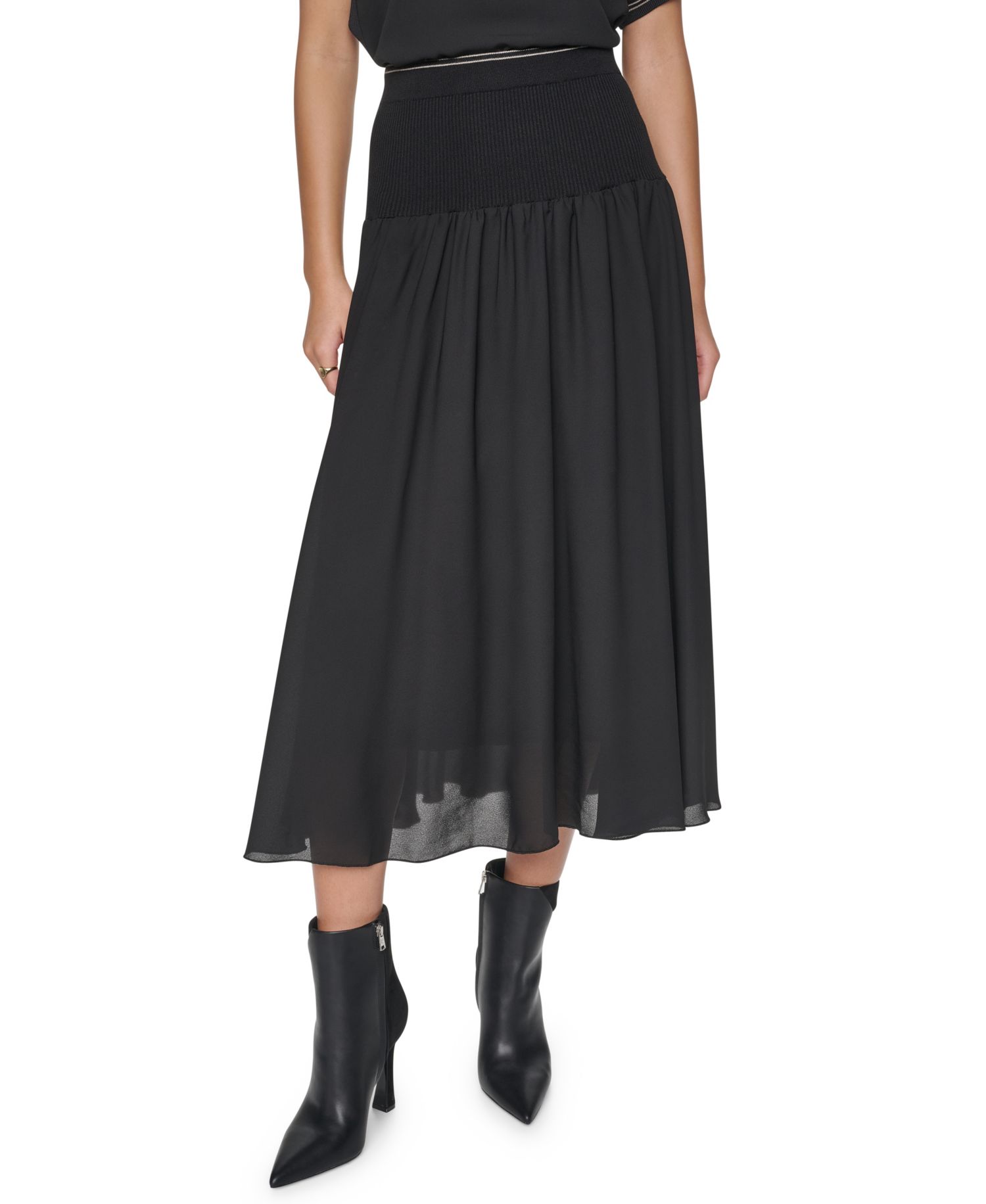 Women's Contrast Stitch Mixed-Media High-Waisted Midi Skirt