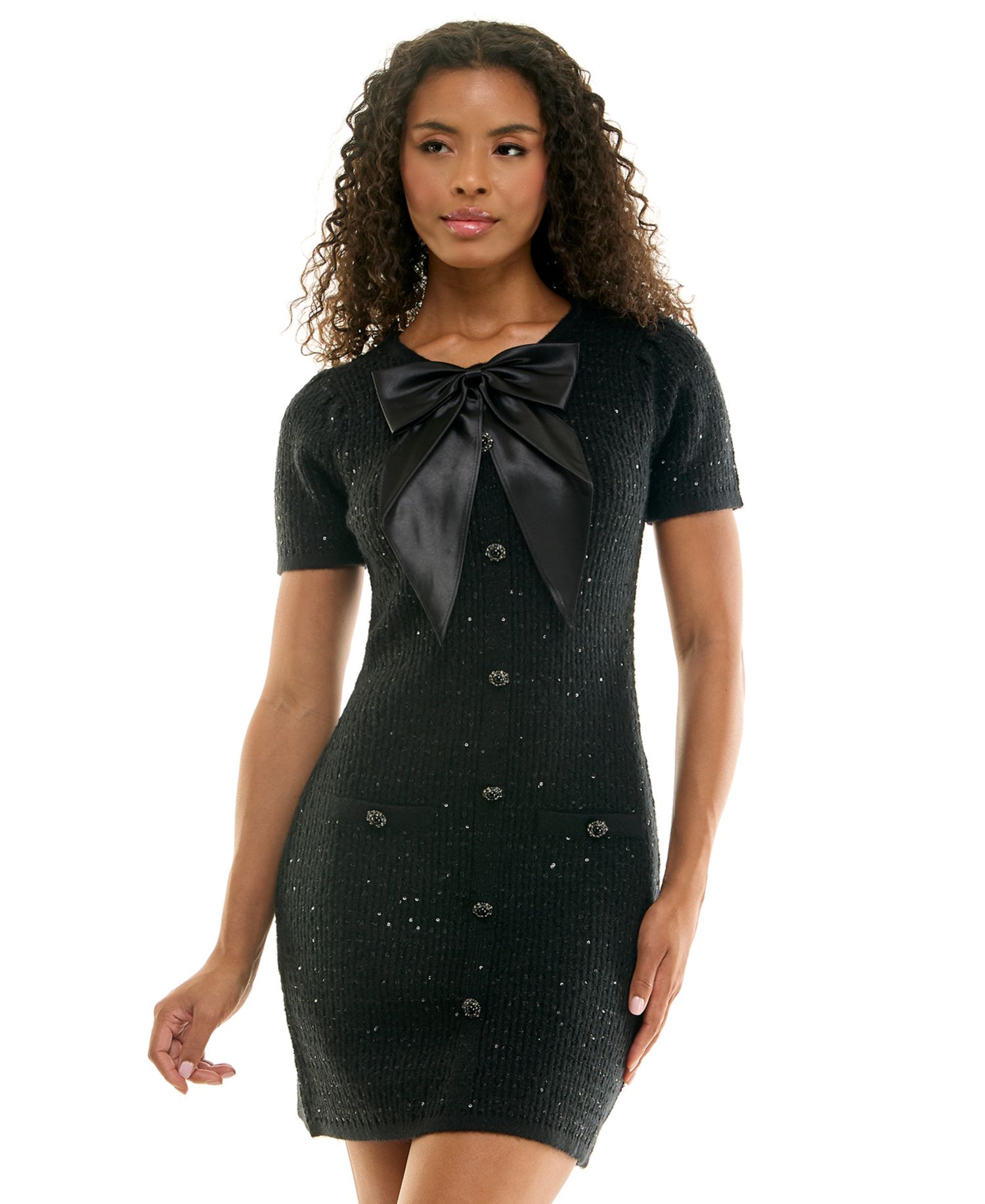 Juniors' Short-Sleeve Satin Bow Sweater Dress