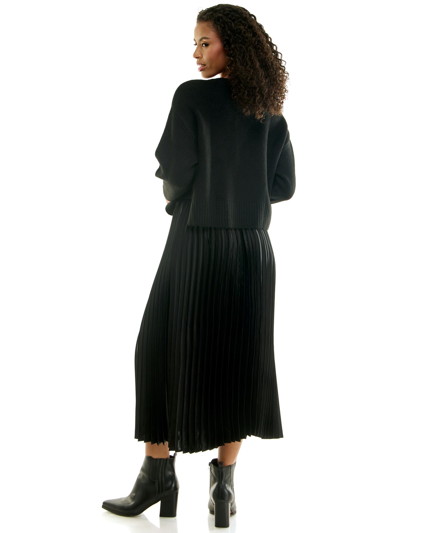 Juniors' Pleated-Satin Midi Crewneck Sweater and Slip Dress, 2-Piece Set